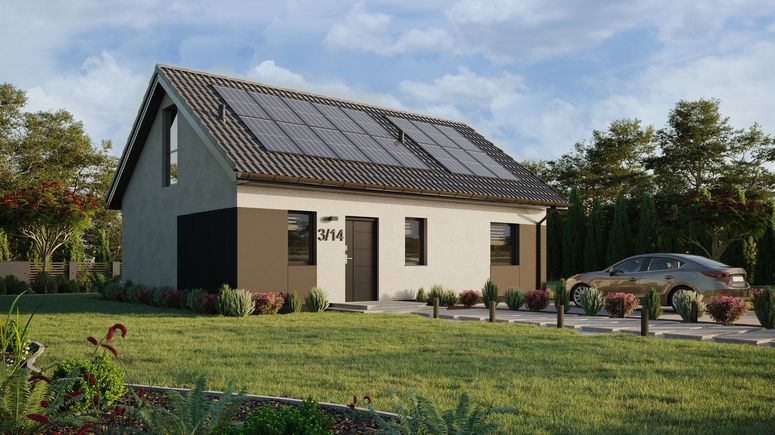 Projekt ERDOL 1 XL - Wersja prawa (salon po prawej stronie) - Dwuspadowy z poddaszem użytkowym – kąt nachylenia 35 stopni - Schody w salonie - Dwa okna dachowe pokojowe - Okna na poddaszu do podłogi - Styropian, siatka i klej - Antracyt - Instalacja fotowoltaiczna 6,4 kWp (16 paneli)