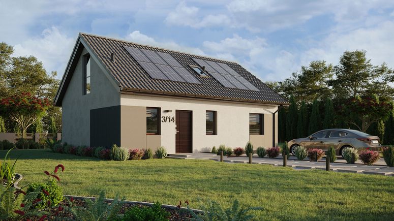 Projekt ERDOL 1 XL - Wersja prawa (salon po prawej stronie) - Dwuspadowy z poddaszem użytkowym – kąt nachylenia 35 stopni - Schody w salonie - Okno dachowe pokojowe i łazienkowe - Okna na poddaszu do podłogi - Styropian, siatka i klej - Orzech - Instalacja fotowoltaiczna 4,8 kWp (12 paneli)