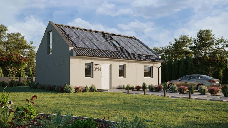 Projekt ERDOL 1 XL - Wersja prawa (salon po prawej stronie) - Dwuspadowy nowoczesny z poddaszem użytkowym – kąt nachylenia 35 stopni - Schody w salonie - Okno dachowe pokojowe i łazienkowe - Okno balkonowe w jadalni i okna na poddaszu do podłogi - Bez styropianu, siatki i kleju - Biały - Instalacja fotowoltaiczna 6,4 kWp (16 paneli)