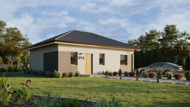 Projekt ERDOL 1 XL - Wersja prawa (salon po prawej stronie) - Czterospadowy bez poddasza użytkowego – kąt nachylenia 25 stopni - Bez okien/świetlików dachowych - Okna standardowe - Styropian, siatka i klej - Winchester