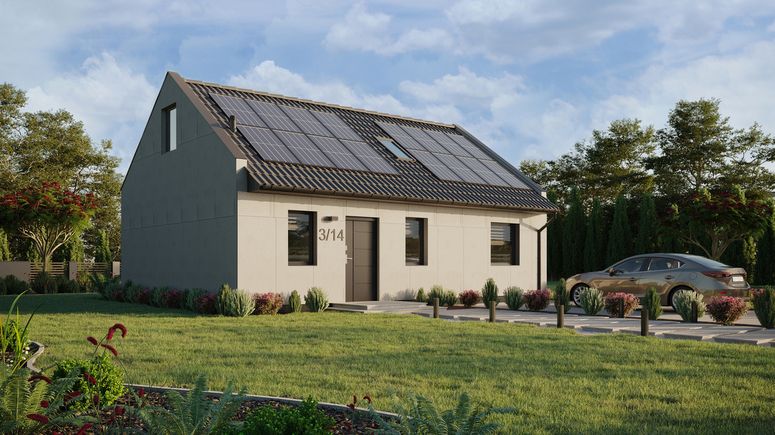 Projekt ERDOL 1 XL - Wersja prawa (salon po prawej stronie) - Dwuspadowy nowoczesny z poddaszem użytkowym – kąt nachylenia 35 stopni - Schody w salonie - Okno dachowe pokojowe i łazienkowe - Okna standardowe - Bez styropianu, siatki i kleju - Antracyt - Instalacja fotowoltaiczna 6,4 kWp (16 paneli)