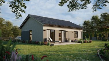 Projekt ERDOL 1 XL - Wersja prawa (salon po prawej stronie) - Dwuspadowy bez poddasza użytkowego – kąt nachylenia 25 stopni - Bez okien/świetlików dachowych - Okno balkonowe w jadalni - Styropian, siatka i klej - Orzech - Bez instalacji fotowoltaicznej