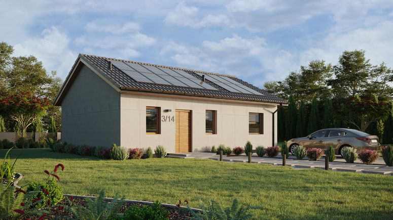 Projekt ERDOL 1 XL - Wersja prawa (salon po prawej stronie) - Dwuspadowy bez poddasza użytkowego – kąt nachylenia 25 stopni - Bez okien/świetlików dachowych - Okna standardowe - Bez styropianu, siatki i kleju - Złoty dąb - Instalacja fotowoltaiczna 6,4 kWp (16 paneli)