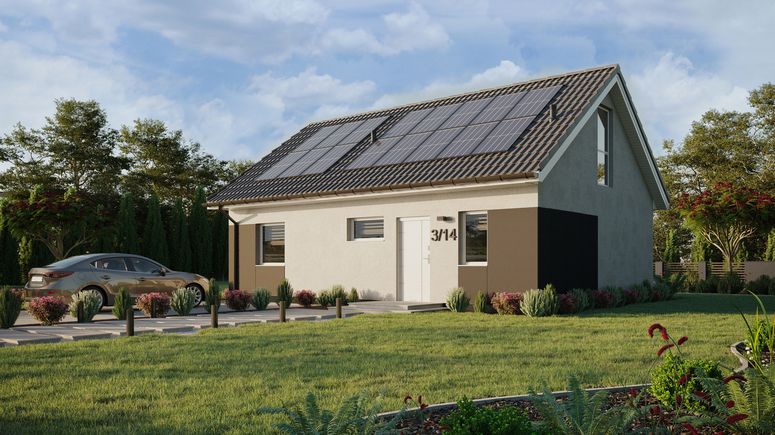 Projekt ERDOL 1 XL - Wersja lewa (salon po lewej stronie) - Dwuspadowy z poddaszem użytkowym – kąt nachylenia 35 stopni - Klatka schodowa - Okno dachowe pokojowe i łazienkowe - Okno balkonowe w jadalni i okna na poddaszu do podłogi - Styropian, siatka i klej - Biały - Instalacja fotowoltaiczna 6,4 kWp (16 paneli)