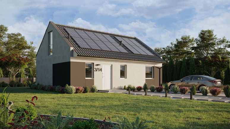 Projekt ERDOL 1 XL - Wersja prawa (salon po prawej stronie) - Dwuspadowy nowoczesny z poddaszem użytkowym – kąt nachylenia 35 stopni - Schody w salonie - Bez okien/świetlików dachowych - Okno balkonowe w jadalni i okna na poddaszu do podłogi - Styropian, siatka i klej - Biały - Instalacja fotowoltaiczna 6,4 kWp (16 paneli)