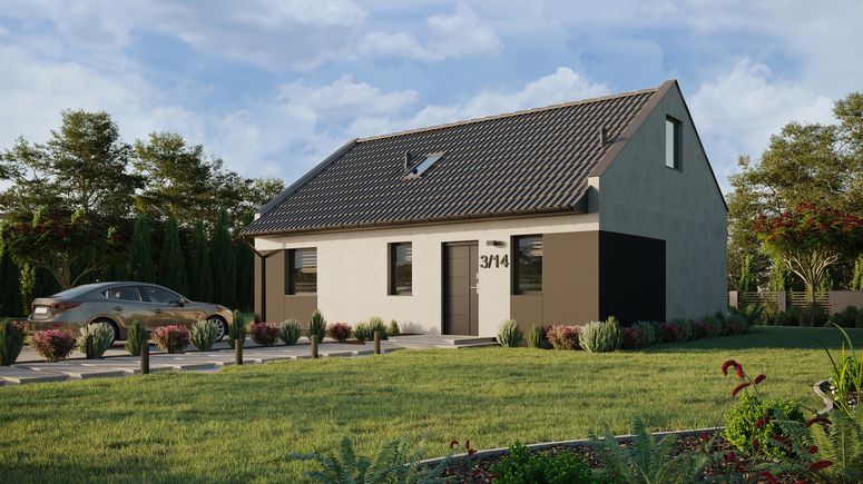 Projekt ERDOL 1 XL - Wersja lewa (salon po lewej stronie) - Dwuspadowy nowoczesny z poddaszem użytkowym – kąt nachylenia 35 stopni - Schody w salonie - Okno dachowe pokojowe i łazienkowe - Okna standardowe - Styropian, siatka i klej - Antracyt - Bez instalacji fotowoltaicznej