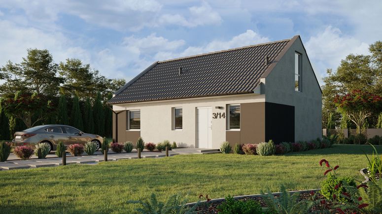 Projekt ERDOL 1 XL - Wersja lewa (salon po lewej stronie) - Dwuspadowy nowoczesny z poddaszem użytkowym – kąt nachylenia 35 stopni - Schody w salonie - Dwa okna dachowe pokojowe - Okna na poddaszu do podłogi - Styropian, siatka i klej - Biały - Bez instalacji fotowoltaicznej