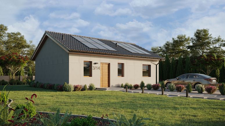 Projekt ERDOL 1 XL - Wersja prawa (salon po prawej stronie) - Dwuspadowy bez poddasza użytkowego – kąt nachylenia 25 stopni - Bez okien/świetlików dachowych - Okna standardowe - Bez styropianu, siatki i kleju - Złoty dąb - Instalacja fotowoltaiczna 4,8 kWp (12 paneli)