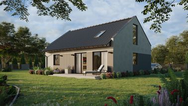 Projekt ERDOL 1 XL - Wersja lewa (salon po lewej stronie) - Dwuspadowy nowoczesny z poddaszem użytkowym – kąt nachylenia 35 stopni - Klatka schodowa - Okno dachowe pokojowe i łazienkowe - Okna na poddaszu do podłogi - Styropian, siatka i klej - Orzech - Bez instalacji fotowoltaicznej