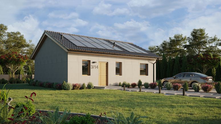 Projekt ERDOL 1 XL - Wersja prawa (salon po prawej stronie) - Dwuspadowy bez poddasza użytkowego – kąt nachylenia 25 stopni - Bez okien/świetlików dachowych - Okna standardowe - Bez styropianu, siatki i kleju - Winchester - Instalacja fotowoltaiczna 6,4 kWp (16 paneli)