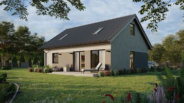 Projekt ERDOL 1 XL - Wersja lewa (salon po lewej stronie) - Dwuspadowy z poddaszem użytkowym – kąt nachylenia 35 stopni - Klatka schodowa - Dwa okna dachowe pokojowe - Okno balkonowe w jadalni - Styropian, siatka i klej - Orzech - Bez instalacji fotowoltaicznej