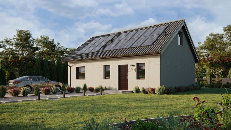 Projekt ERDOL 1 XL - Wersja lewa (salon po lewej stronie) - Dwuspadowy z poddaszem użytkowym – kąt nachylenia 35 stopni - Schody w salonie - Bez okien/świetlików dachowych - Okna standardowe - Bez styropianu, siatki i kleju - Orzech - Instalacja fotowoltaiczna 6,4 kWp (16 paneli)