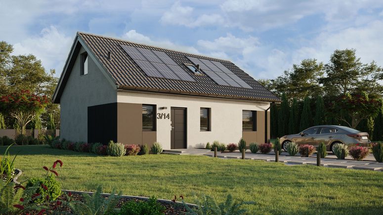 Projekt ERDOL 1 XL - Wersja prawa (salon po prawej stronie) - Dwuspadowy z poddaszem użytkowym – kąt nachylenia 35 stopni - Schody w salonie - Okno dachowe pokojowe i łazienkowe - Okna standardowe - Styropian, siatka i klej - Antracyt - Instalacja fotowoltaiczna 4,8 kWp (12 paneli)