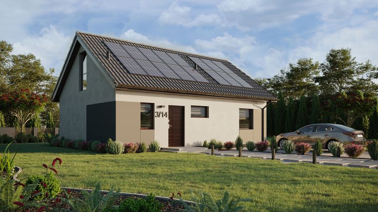 Projekt ERDOL 1 XL - Wersja prawa (salon po prawej stronie) - Dwuspadowy z poddaszem użytkowym – kąt nachylenia 35 stopni - Klatka schodowa - Bez okien/świetlików dachowych - Okno balkonowe w jadalni i okna na poddaszu do podłogi - Styropian, siatka i klej - Orzech - Instalacja fotowoltaiczna 6,4 kWp (16 paneli)