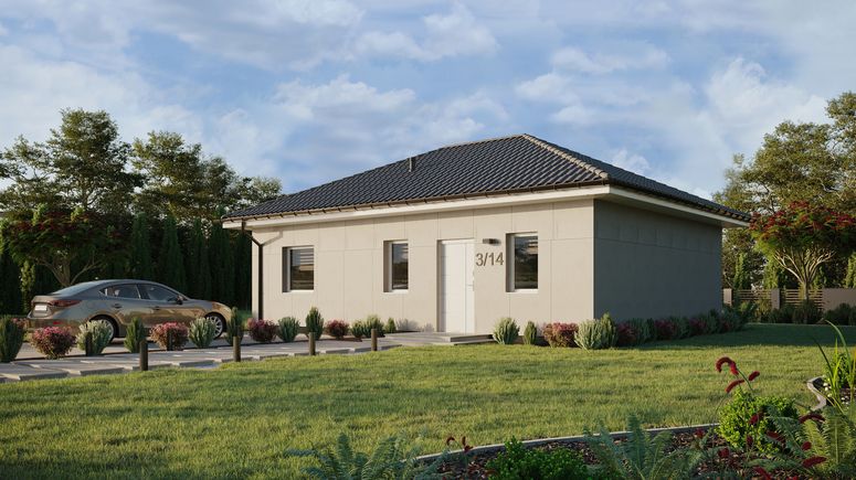 Projekt ERDOL 1 XL - Wersja lewa (salon po lewej stronie) - Czterospadowy bez poddasza użytkowego – kąt nachylenia 25 stopni - Bez okien/świetlików dachowych - Okna standardowe - Bez styropianu, siatki i kleju - Biały