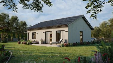 Projekt ERDOL 1 XL - Wersja lewa (salon po lewej stronie) - Dwuspadowy bez poddasza użytkowego – kąt nachylenia 25 stopni - Bez okien/świetlików dachowych - Okno balkonowe w jadalni - Bez styropianu, siatki i kleju - Antracyt - Bez instalacji fotowoltaicznej