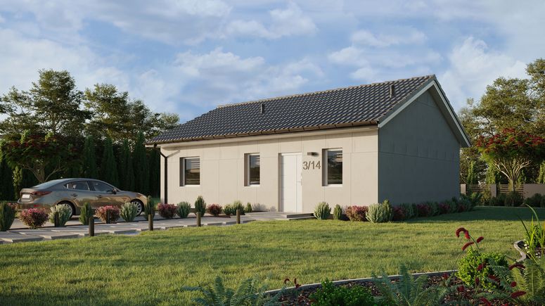 Projekt ERDOL 1 XL - Wersja lewa (salon po lewej stronie) - Dwuspadowy bez poddasza użytkowego – kąt nachylenia 25 stopni - Bez okien/świetlików dachowych - Okna standardowe - Bez styropianu, siatki i kleju - Biały - Bez instalacji fotowoltaicznej