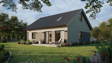 Projekt ERDOL 1 XL - Wersja lewa (salon po lewej stronie) - Dwuspadowy z poddaszem użytkowym – kąt nachylenia 35 stopni - Klatka schodowa - Okno dachowe pokojowe i łazienkowe - Okna standardowe - Styropian, siatka i klej - Orzech - Bez instalacji fotowoltaicznej