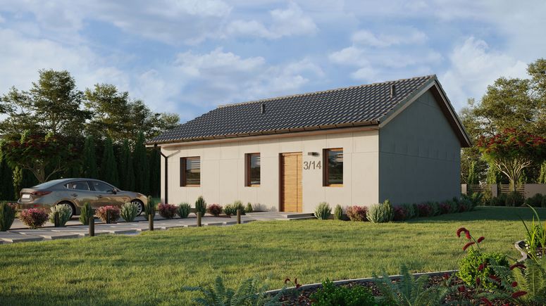 Projekt ERDOL 1 XL - Wersja lewa (salon po lewej stronie) - Dwuspadowy bez poddasza użytkowego – kąt nachylenia 25 stopni - Bez okien/świetlików dachowych - Okna standardowe - Bez styropianu, siatki i kleju - Złoty dąb - Bez instalacji fotowoltaicznej