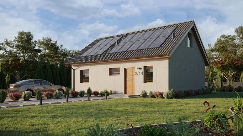 Projekt ERDOL 1 XL - Wersja lewa (salon po lewej stronie) - Dwuspadowy z poddaszem użytkowym – kąt nachylenia 35 stopni - Klatka schodowa - Bez okien/świetlików dachowych - Okna standardowe - Bez styropianu, siatki i kleju - Złoty dąb - Instalacja fotowoltaiczna 6,4 kWp (16 paneli)