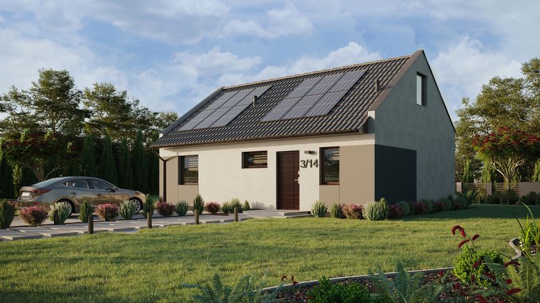 Projekt ERDOL 1 XL - Wersja lewa (salon po lewej stronie) - Dwuspadowy nowoczesny z poddaszem użytkowym – kąt nachylenia 35 stopni - Klatka schodowa - Bez okien/świetlików dachowych - Okno balkonowe w jadalni - Styropian, siatka i klej - Orzech - Instalacja fotowoltaiczna 4,8 kWp (12 paneli)