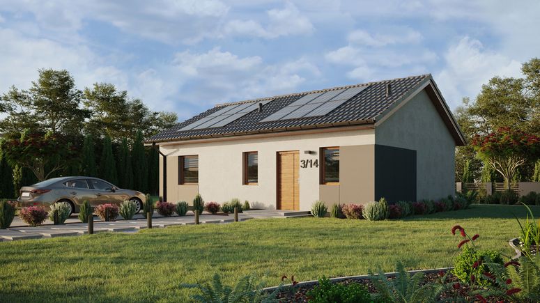 Projekt ERDOL 1 XL - Wersja lewa (salon po lewej stronie) - Dwuspadowy bez poddasza użytkowego – kąt nachylenia 25 stopni - Bez okien/świetlików dachowych - Okna standardowe - Styropian, siatka i klej - Złoty dąb - Instalacja fotowoltaiczna 4,8 kWp (12 paneli)