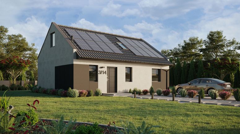 Projekt ERDOL 1 XL - Wersja prawa (salon po prawej stronie) - Dwuspadowy nowoczesny z poddaszem użytkowym – kąt nachylenia 35 stopni - Schody w salonie - Okno dachowe pokojowe i łazienkowe - Okna standardowe - Styropian, siatka i klej - Antracyt - Instalacja fotowoltaiczna 6,4 kWp (16 paneli)