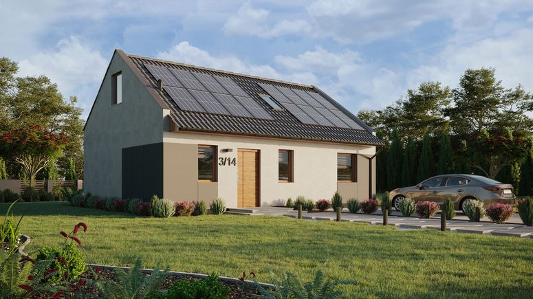 Projekt ERDOL 1 XL - Wersja prawa (salon po prawej stronie) - Dwuspadowy nowoczesny z poddaszem użytkowym – kąt nachylenia 35 stopni - Schody w salonie - Okno dachowe pokojowe i łazienkowe - Okna standardowe - Styropian, siatka i klej - Złoty dąb - Instalacja fotowoltaiczna 6,4 kWp (16 paneli)