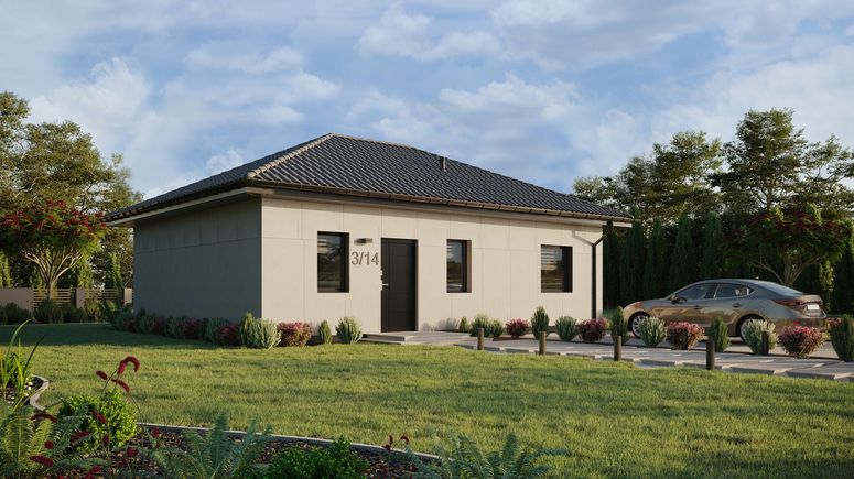 Projekt ERDOL 1 XL - Wersja prawa (salon po prawej stronie) - Czterospadowy bez poddasza użytkowego – kąt nachylenia 25 stopni - Bez okien/świetlików dachowych - Okna standardowe - Bez styropianu, siatki i kleju - Antracyt