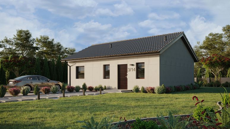 Projekt ERDOL 1 XL - Wersja lewa (salon po lewej stronie) - Dwuspadowy bez poddasza użytkowego – kąt nachylenia 25 stopni - Bez okien/świetlików dachowych - Okna standardowe - Bez styropianu, siatki i kleju - Orzech - Bez instalacji fotowoltaicznej