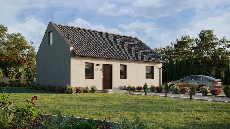 Projekt ERDOL 1 XL - Wersja prawa (salon po prawej stronie) - Dwuspadowy nowoczesny z poddaszem użytkowym – kąt nachylenia 35 stopni - Schody w salonie - Dwa okna dachowe pokojowe - Okna standardowe - Bez styropianu, siatki i kleju - Orzech - Bez instalacji fotowoltaicznej