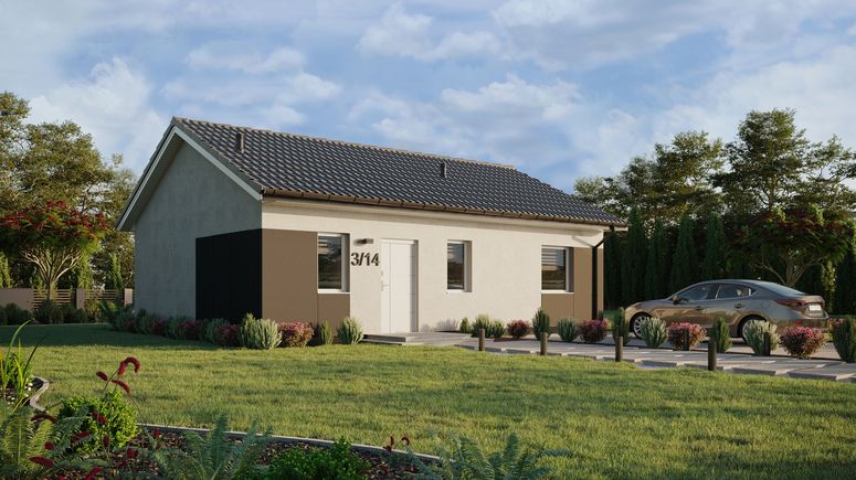 Projekt ERDOL 1 XL - Wersja prawa (salon po prawej stronie) - Dwuspadowy bez poddasza użytkowego – kąt nachylenia 25 stopni - Bez okien/świetlików dachowych - Okna standardowe - Styropian, siatka i klej - Biały - Bez instalacji fotowoltaicznej