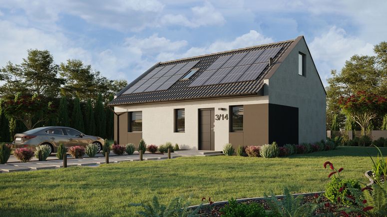 Projekt ERDOL 1 XL - Wersja lewa (salon po lewej stronie) - Dwuspadowy nowoczesny z poddaszem użytkowym – kąt nachylenia 35 stopni - Schody w salonie - Okno dachowe pokojowe i łazienkowe - Okna standardowe - Styropian, siatka i klej - Antracyt - Instalacja fotowoltaiczna 6,4 kWp (16 paneli)