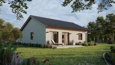 Projekt ERDOL 1 XL - Wersja prawa (salon po prawej stronie) - Dwuspadowy bez poddasza użytkowego – kąt nachylenia 25 stopni - Bez okien/świetlików dachowych - Okna standardowe - Bez styropianu, siatki i kleju - Złoty dąb - Bez instalacji fotowoltaicznej