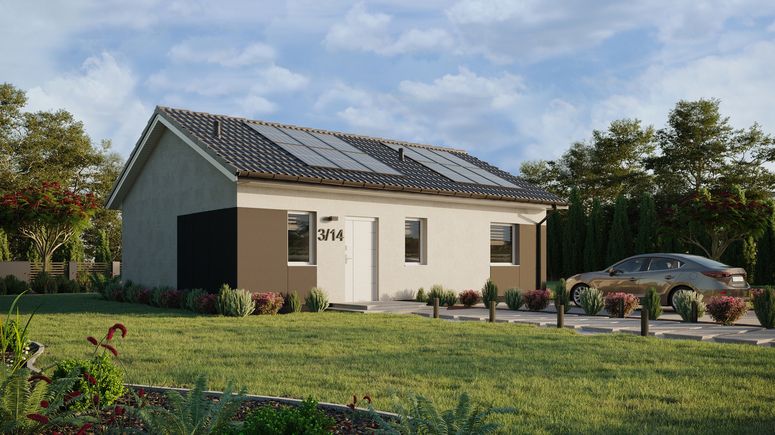 Projekt ERDOL 1 XL - Wersja prawa (salon po prawej stronie) - Dwuspadowy bez poddasza użytkowego – kąt nachylenia 25 stopni - Bez okien/świetlików dachowych - Okna standardowe - Styropian, siatka i klej - Biały - Instalacja fotowoltaiczna 4,8 kWp (12 paneli)