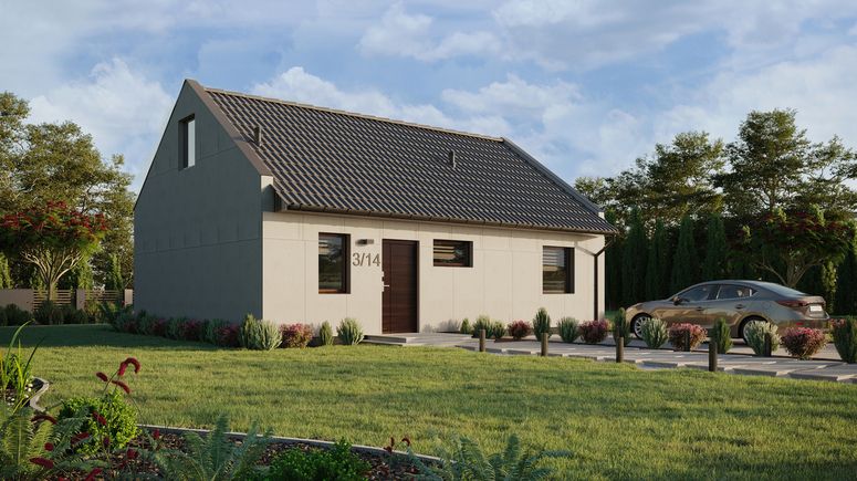 Projekt ERDOL 1 XL - Wersja prawa (salon po prawej stronie) - Dwuspadowy nowoczesny z poddaszem użytkowym – kąt nachylenia 35 stopni - Klatka schodowa - Bez okien/świetlików dachowych - Okna standardowe - Bez styropianu, siatki i kleju - Orzech - Bez instalacji fotowoltaicznej