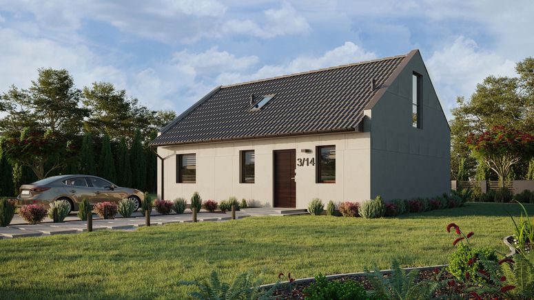 Projekt ERDOL 1 XL - Wersja lewa (salon po lewej stronie) - Dwuspadowy nowoczesny z poddaszem użytkowym – kąt nachylenia 35 stopni - Schody w salonie - Okno dachowe pokojowe i łazienkowe - Okna na poddaszu do podłogi - Bez styropianu, siatki i kleju - Orzech - Bez instalacji fotowoltaicznej