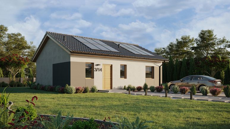 Projekt ERDOL 1 XL - Wersja prawa (salon po prawej stronie) - Dwuspadowy bez poddasza użytkowego – kąt nachylenia 25 stopni - Bez okien/świetlików dachowych - Okna standardowe - Styropian, siatka i klej - Winchester - Instalacja fotowoltaiczna 4,8 kWp (12 paneli)