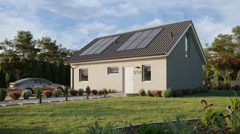 Projekt ERDOL 1 XL - Wersja lewa (salon po lewej stronie) - Dwuspadowy z poddaszem użytkowym – kąt nachylenia 35 stopni - Klatka schodowa - Bez okien/świetlików dachowych - Okno balkonowe w jadalni i okna na poddaszu do podłogi - Bez styropianu, siatki i kleju - Biały - Instalacja fotowoltaiczna 4,8 kWp (12 paneli)