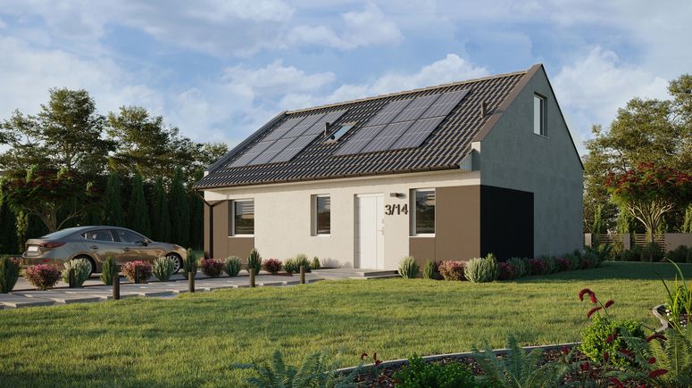 Projekt ERDOL 1 XL - Wersja lewa (salon po lewej stronie) - Dwuspadowy nowoczesny z poddaszem użytkowym – kąt nachylenia 35 stopni - Schody w salonie - Okno dachowe pokojowe i łazienkowe - Okna standardowe - Styropian, siatka i klej - Biały - Instalacja fotowoltaiczna 4,8 kWp (12 paneli)