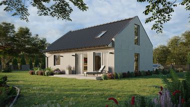 Projekt ERDOL 1 XL - Wersja lewa (salon po lewej stronie) - Dwuspadowy nowoczesny z poddaszem użytkowym – kąt nachylenia 35 stopni - Schody w salonie - Okno dachowe pokojowe i łazienkowe - Okno balkonowe w jadalni i okna na poddaszu do podłogi - Bez styropianu, siatki i kleju - Biały - Bez instalacji fotowoltaicznej