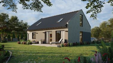 Projekt ERDOL 1 XL - Wersja lewa (salon po lewej stronie) - Dwuspadowy nowoczesny z poddaszem użytkowym – kąt nachylenia 35 stopni - Schody w salonie - Dwa okna dachowe pokojowe - Okno balkonowe w jadalni i okna na poddaszu do podłogi - Styropian, siatka i klej - Orzech - Bez instalacji fotowoltaicznej