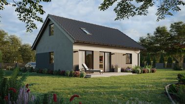 Projekt ERDOL 1 XL - Wersja prawa (salon po prawej stronie) - Dwuspadowy z poddaszem użytkowym – kąt nachylenia 35 stopni - Klatka schodowa - Okno dachowe pokojowe i łazienkowe - Okna standardowe - Styropian, siatka i klej - Orzech - Bez instalacji fotowoltaicznej