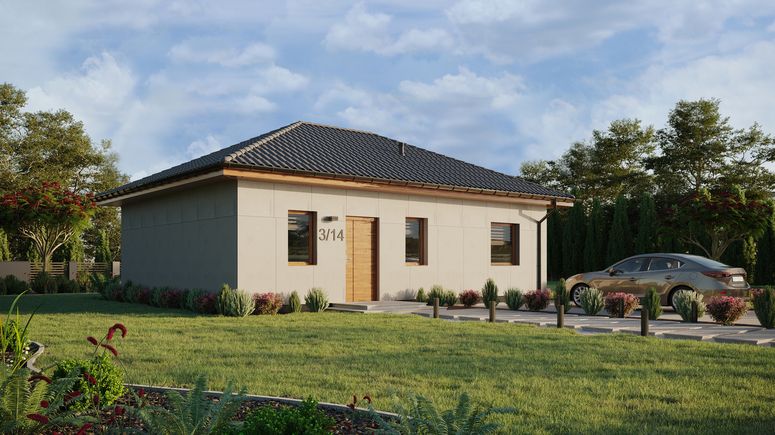 Projekt ERDOL 1 XL - Wersja prawa (salon po prawej stronie) - Czterospadowy bez poddasza użytkowego – kąt nachylenia 25 stopni - Bez okien/świetlików dachowych - Okna standardowe - Bez styropianu, siatki i kleju - Złoty dąb