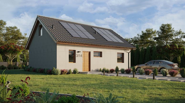 Projekt ERDOL 1 XL - Wersja prawa (salon po prawej stronie) - Dwuspadowy z poddaszem użytkowym – kąt nachylenia 35 stopni - Klatka schodowa - Bez okien/świetlików dachowych - Okno balkonowe w jadalni - Bez styropianu, siatki i kleju - Złoty dąb - Instalacja fotowoltaiczna 4,8 kWp (12 paneli)