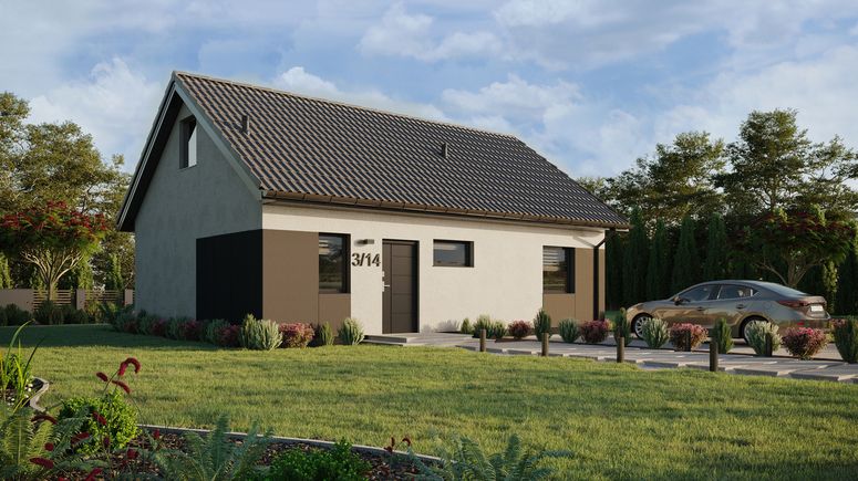 Projekt ERDOL 1 XL - Wersja prawa (salon po prawej stronie) - Dwuspadowy z poddaszem użytkowym – kąt nachylenia 35 stopni - Klatka schodowa - Bez okien/świetlików dachowych - Okna standardowe - Styropian, siatka i klej - Antracyt - Bez instalacji fotowoltaicznej