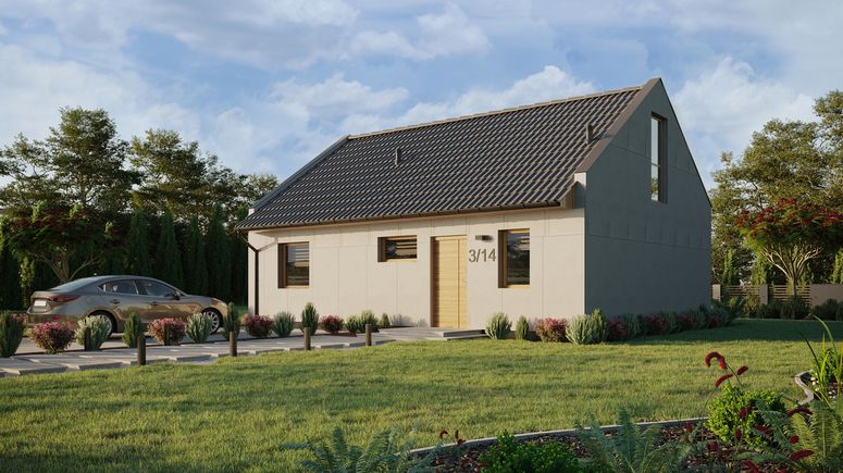 Projekt ERDOL 1 XL - Wersja lewa (salon po lewej stronie) - Dwuspadowy nowoczesny z poddaszem użytkowym – kąt nachylenia 35 stopni - Klatka schodowa - Okno dachowe pokojowe i łazienkowe - Okna na poddaszu do podłogi - Bez styropianu, siatki i kleju - Winchester - Bez instalacji fotowoltaicznej