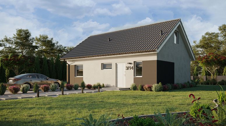 Projekt ERDOL 1 XL - Wersja lewa (salon po lewej stronie) - Dwuspadowy z poddaszem użytkowym – kąt nachylenia 35 stopni - Klatka schodowa - Bez okien/świetlików dachowych - Okna standardowe - Styropian, siatka i klej - Biały - Bez instalacji fotowoltaicznej