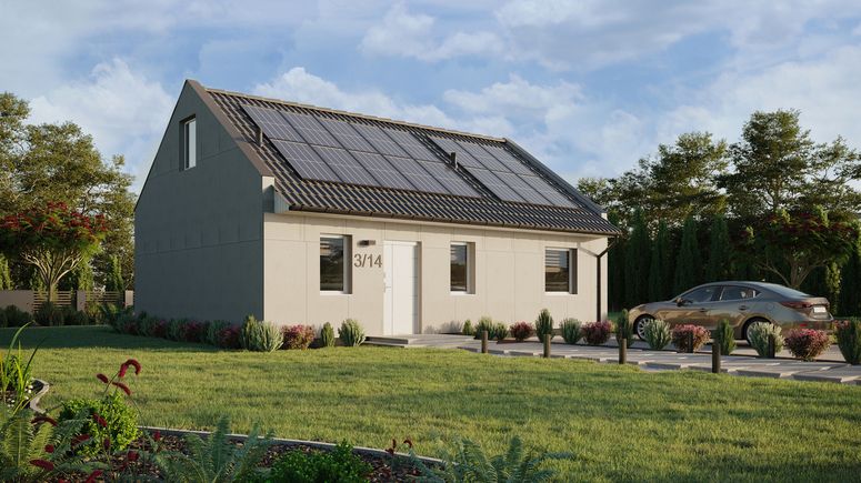 Projekt ERDOL 1 XL - Wersja prawa (salon po prawej stronie) - Dwuspadowy nowoczesny z poddaszem użytkowym – kąt nachylenia 35 stopni - Schody w salonie - Dwa okna dachowe pokojowe - Okna standardowe - Bez styropianu, siatki i kleju - Biały - Instalacja fotowoltaiczna 6,4 kWp (16 paneli)