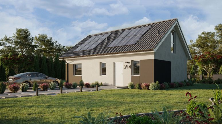 Projekt ERDOL 1 XL - Wersja lewa (salon po lewej stronie) - Dwuspadowy z poddaszem użytkowym – kąt nachylenia 35 stopni - Schody w salonie - Bez okien/świetlików dachowych - Okno balkonowe w jadalni i okna na poddaszu do podłogi - Styropian, siatka i klej - Biały - Instalacja fotowoltaiczna 4,8 kWp (12 paneli)